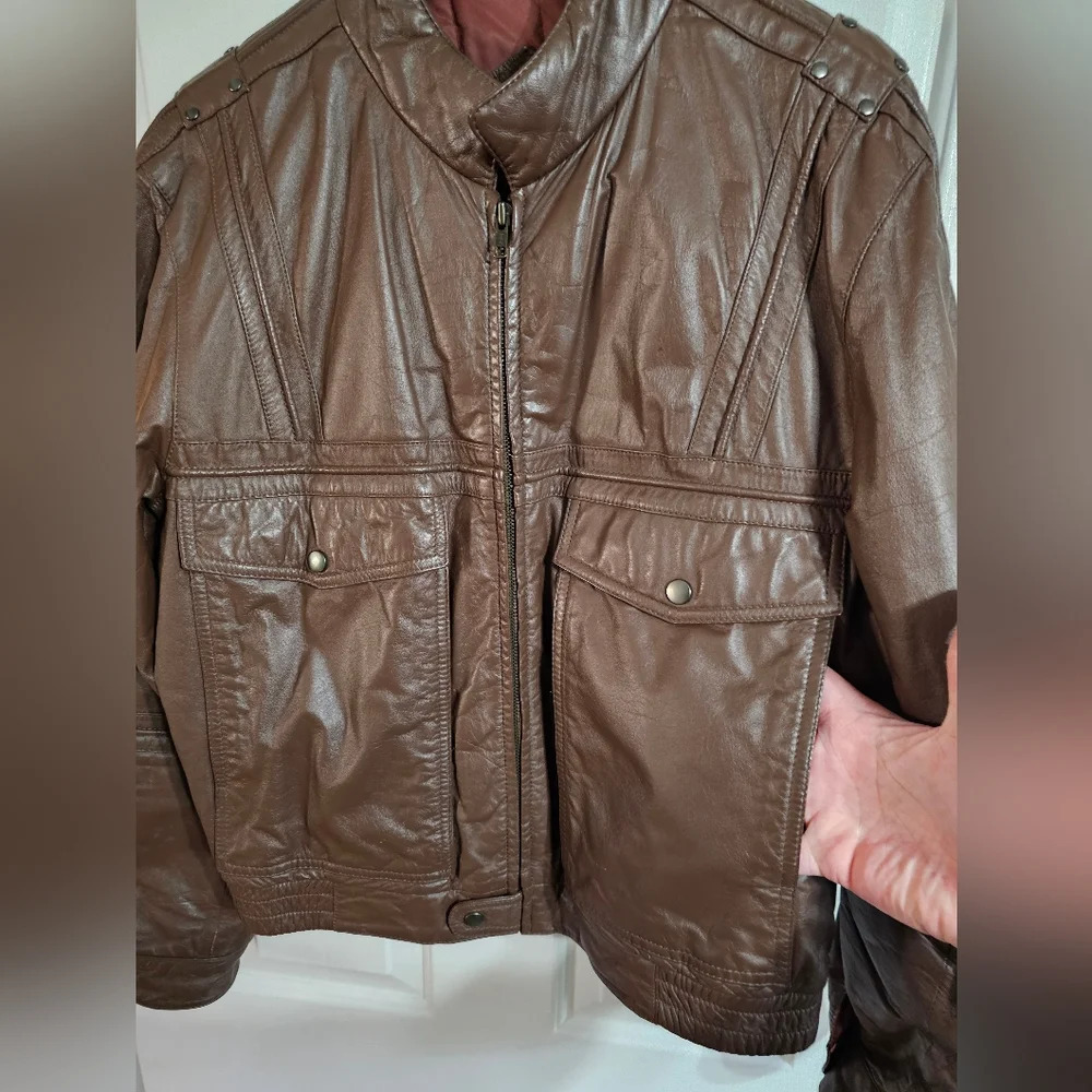 American Male Mens Size M Brown Leather Jacket Vintage 80s Moto Aviator Archival - Picture 3 of 9